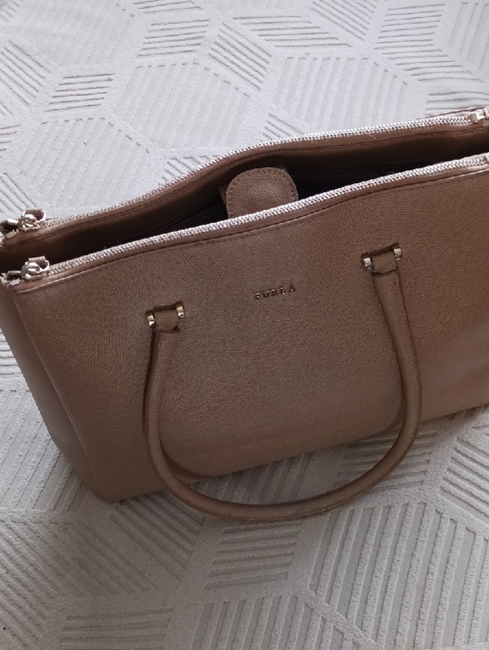 Furla Beige Saffiano Leather Double-Zip Tote